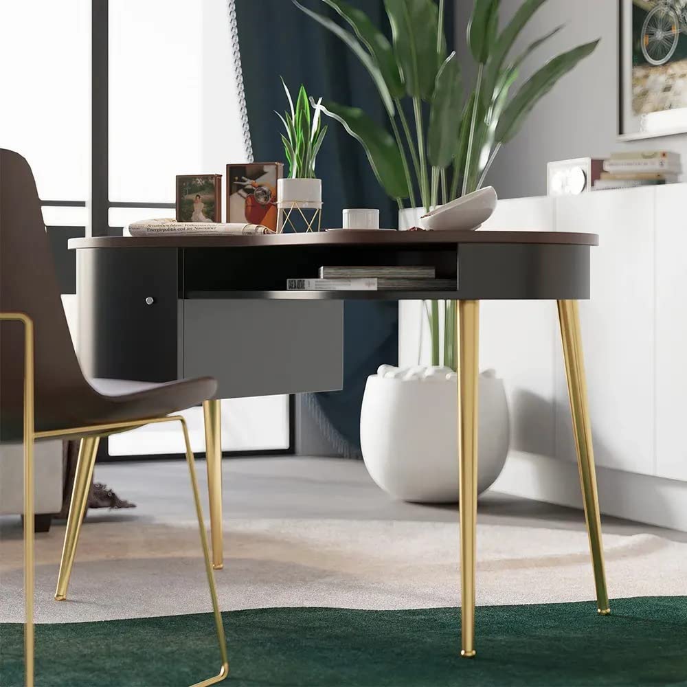 NG Decor,Black Mid Century Modern Curved Office Desk, Solid Wood